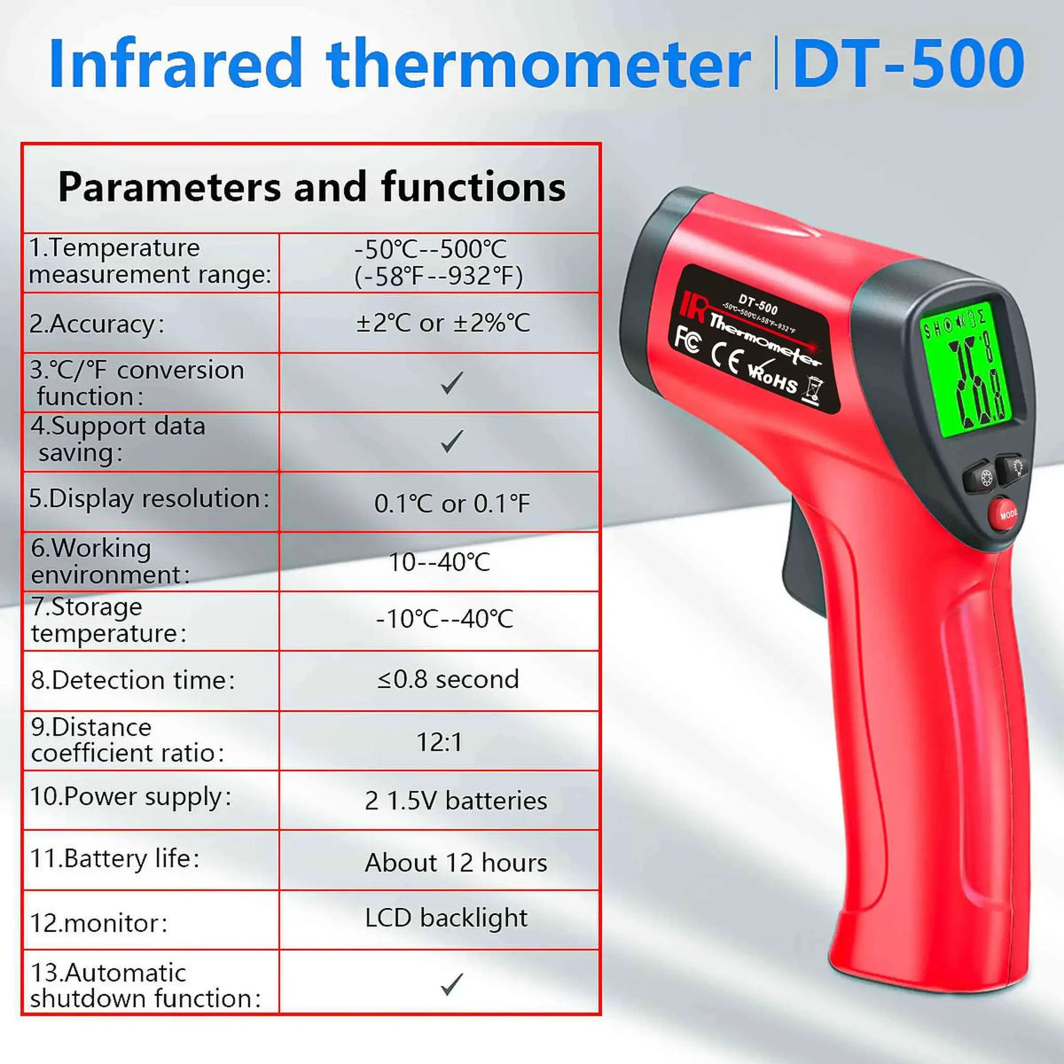 Infrared Thermometer Gun -50~500°C Non-contact Laser Temperature Gun Handheld Temp Sensor Measure Digital Pyrometer LCD Backlit