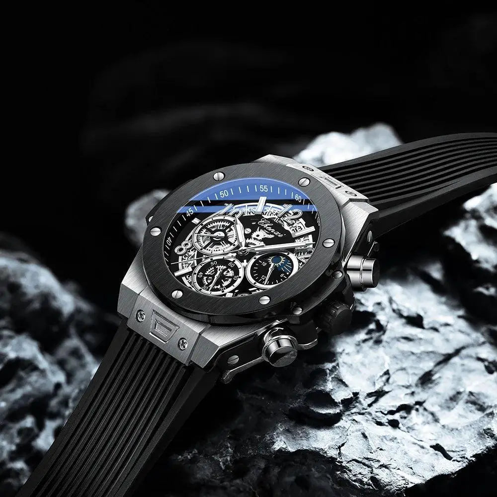 Black Silicone Moon Phase Chronograph Waterproof Watch