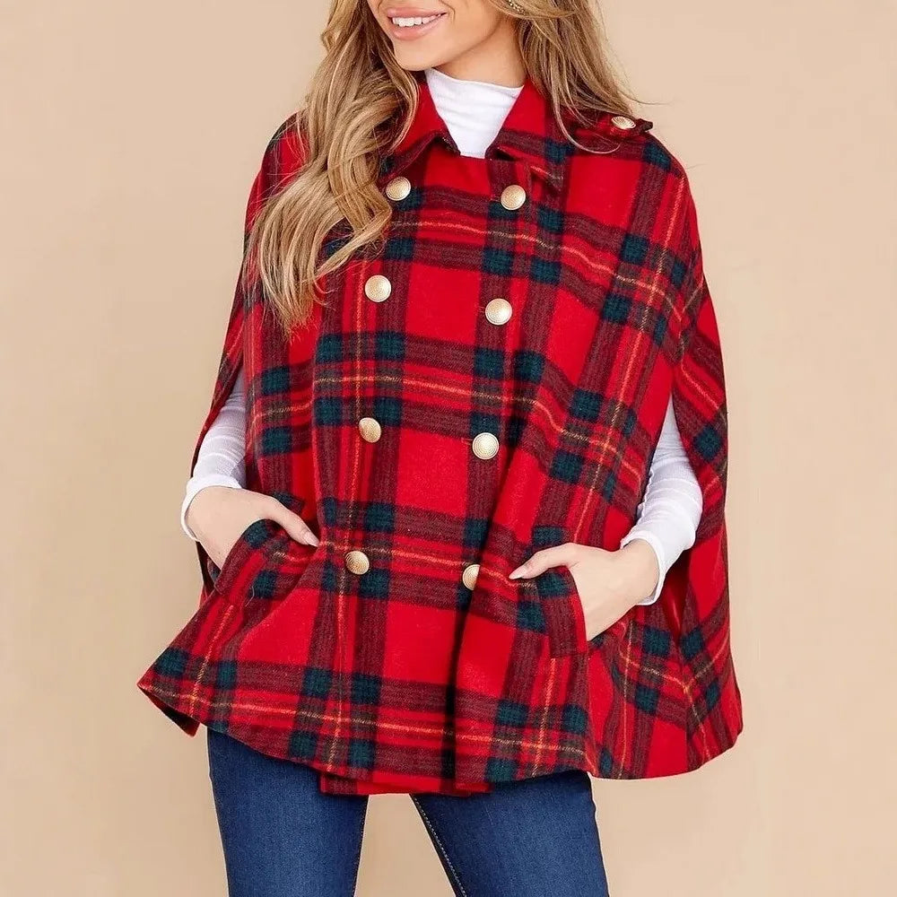 Plaid Patchwork V Neck Cape