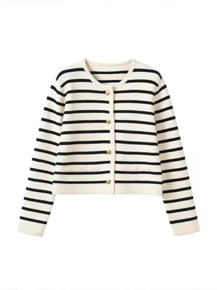 Striped Knit Cardigan For Women Stylish O Neck Sweater