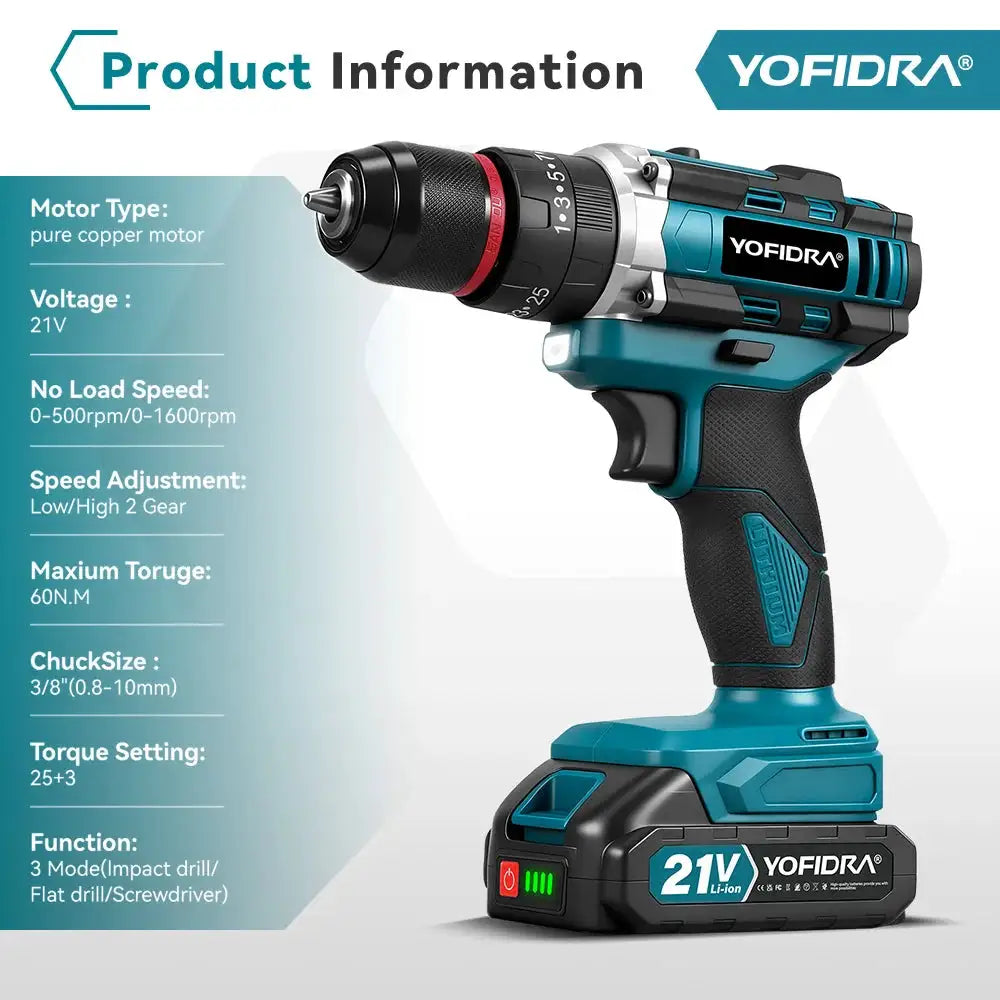 YOFIDRA 3 IN 1 25+3 Torque Electric Impact Drill Handheld Cordless Impact Drill Woodworking Power Tool For Makita Battery Pin