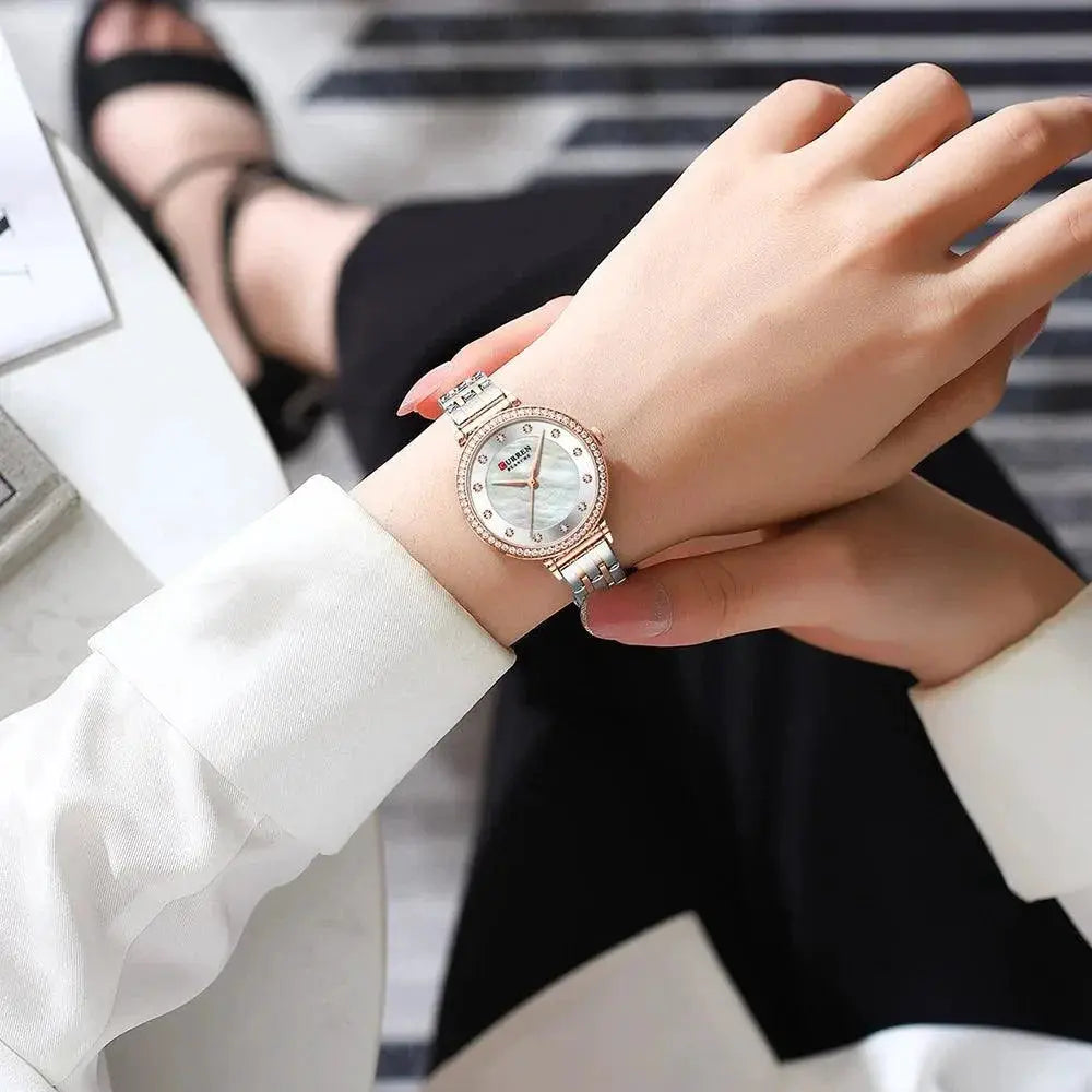 Curren Luxurious Rhinestone Shell Dial Watch for Women