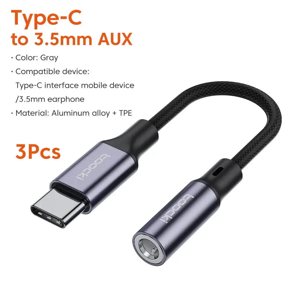 Toocki USB Type C 3.5 Jack Earphone Adapter USB C to 3.5mm Headphones AUX Audio Cable For Huawei P30 Xiaomi Mi 10 9 Es