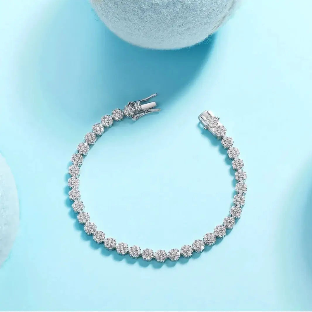 Luxury Moissanite Flower Shaped Tennis Bracelet, 925 Silver, Ice Crystal Design, Including GRA Certified, Sparkling Diamond Jewelry