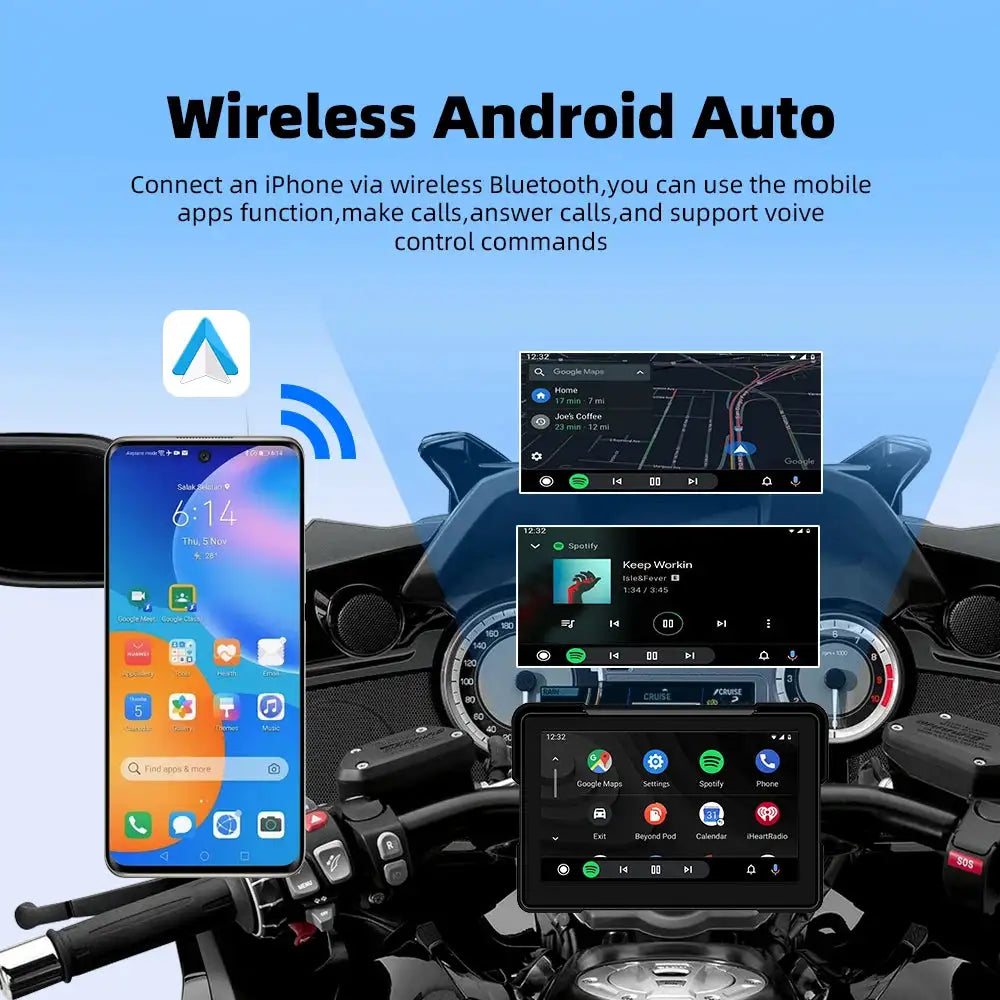 EKIY 7.0" Wireless CarPlay Moto Android Auto Portable Digital Dashboard GPS Motorcycle Navigation Display Screen Monitor TPMS