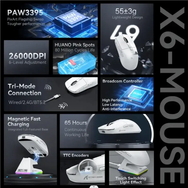 Attack Shark X6 Gaming Mouse Precision Control RGB Lighting