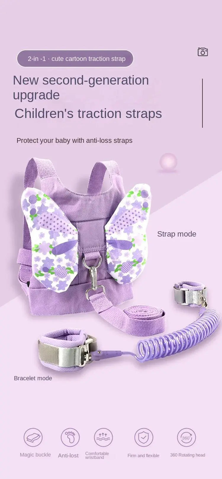 Toddler Leash Safety Backpack Pink Anti Loss Traction Rope