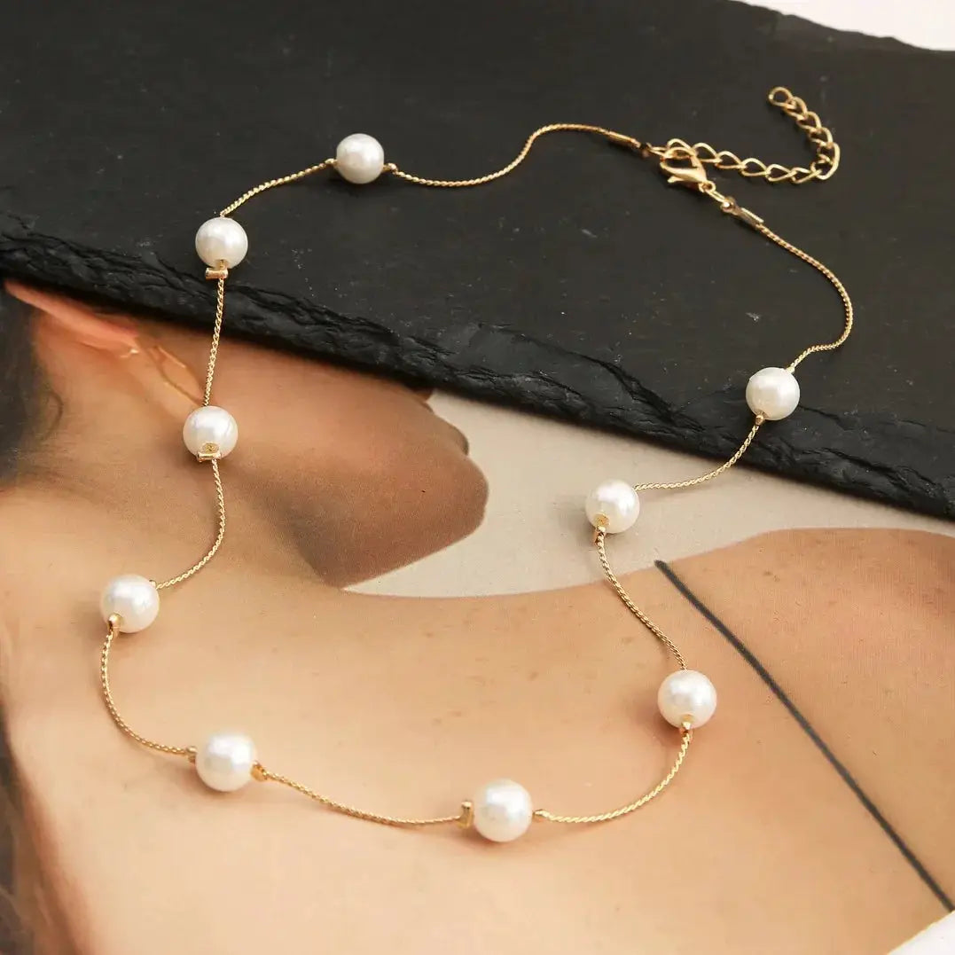 Lats Beads Kpop Pearl Choker Necklace Women Gold Goth