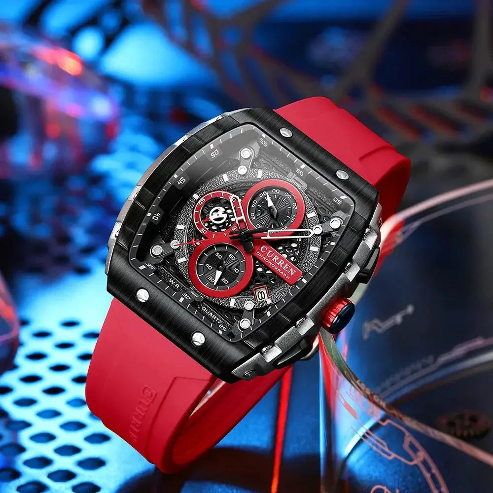 Red Curren chronograph watch with square black bezel and textured dial on stylish background, OurLum.com
