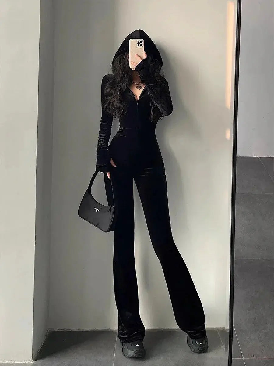 TVVOVVIN Black Velvet Hooded Jumpsuit Romper Elegant Style