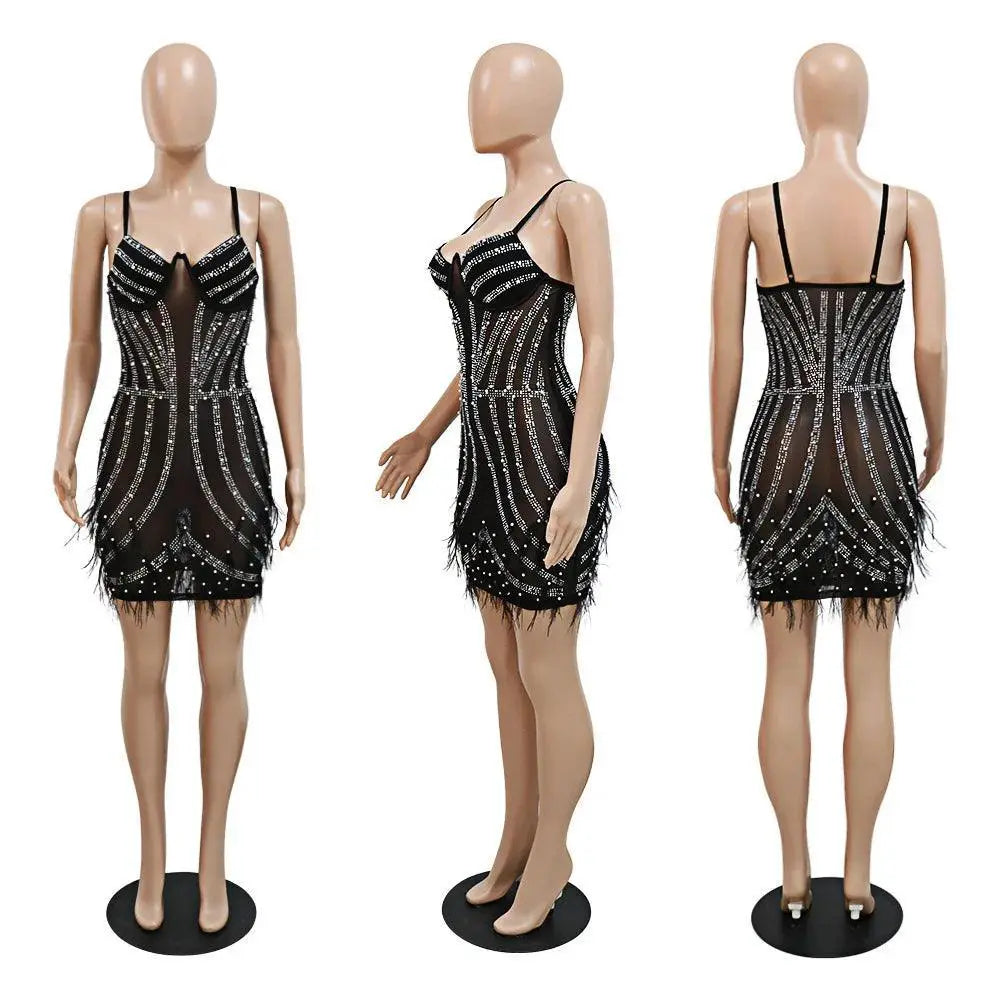 Rhinestone Mesh Tassel Diamonds Dress Elegant Evening