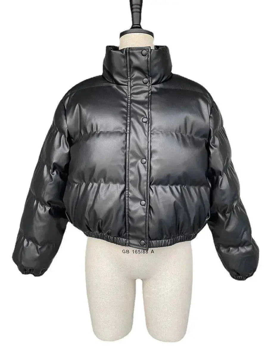 Winter Fashion Stylish Black PU Leather Parkas for Women