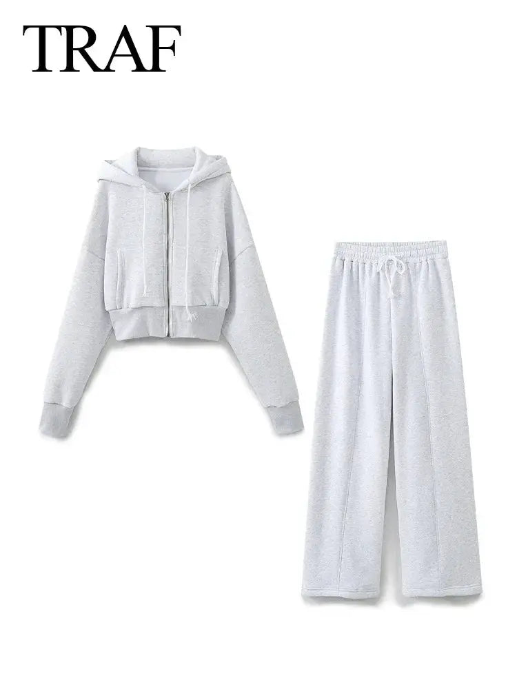 TRAF 2024 Spring Women Casual Hoodies Zipper Coat Set