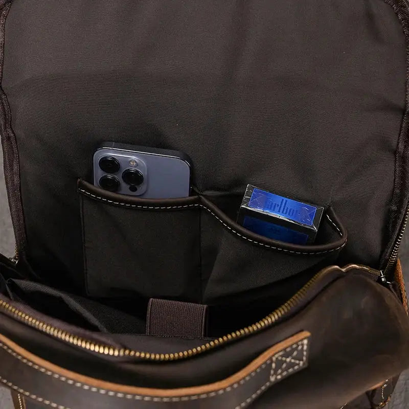 Men's Retro Crazy Horse Leather Laptop Backpack — product view 12