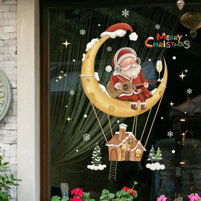 Cheerful Santa And Xmas Tree Window Decals For Holiday Decor