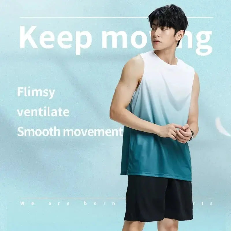 Mens Ice Silk Quick Dry Vest Set Tee Fitness Clothes