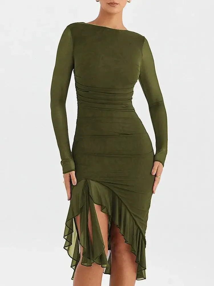 Elegant Sheer Sleeve Ruched Midi Dress For Women Fashion