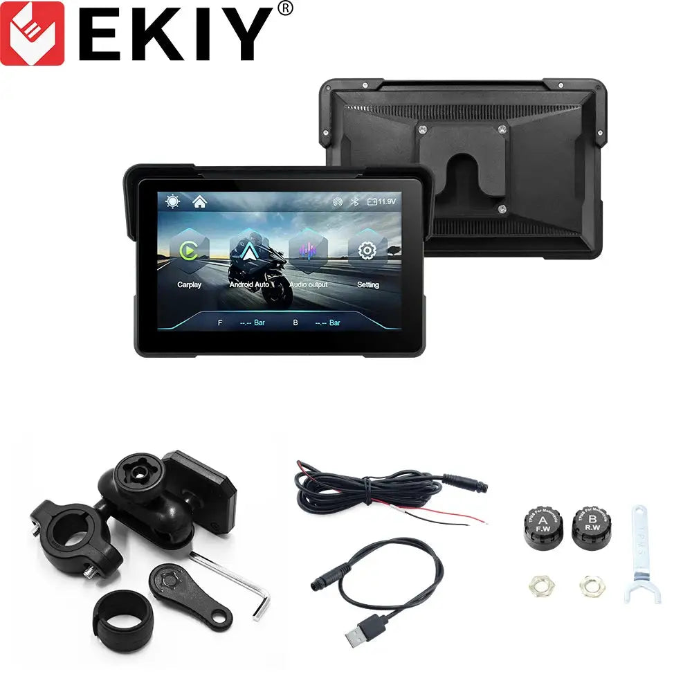 EKIY 7.0" Wireless CarPlay Moto Android Auto Portable Digital Motorcycle Dashboard GPS Navigation Removable Display Screen TPMS