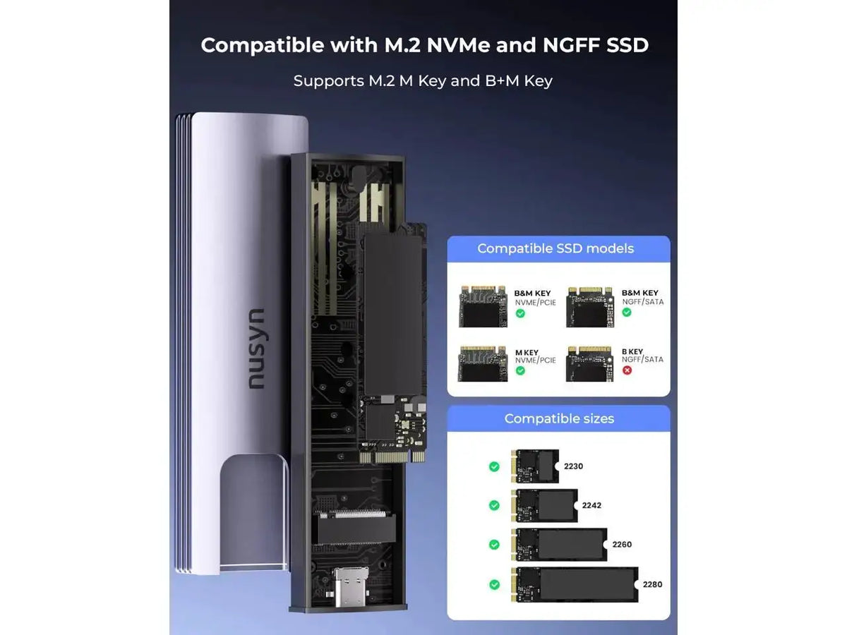 Nusyn NSE20 10Gbps M.2 NVMe/SATA SSD Enclosure,USB-C External Hard Drive Case, Tool-Free Installation, Plug & Play, Aluminum Housing, Compatible with Windows, M