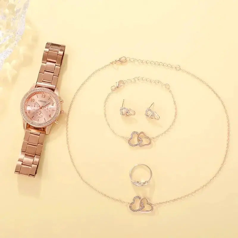 Rose Gold 6 Piece Luxury Jewelry Set For Women Watch Ring