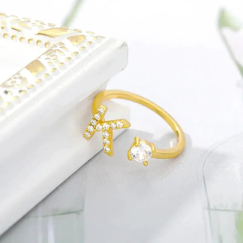 Zircon Initial A To Z Letter Ring For Women Adjustable Steel