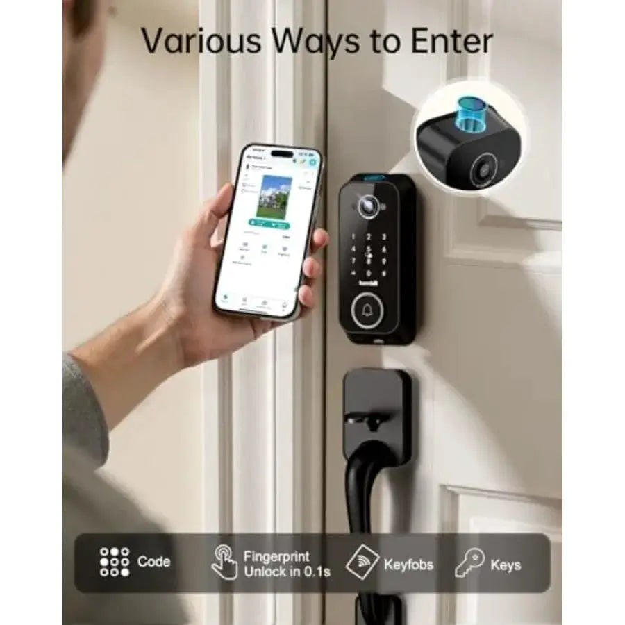 Video Smart Lock for Home Use: 2K Camera + Ring + Doorbell + Fingerprint, WiFi Deadbolt 2.4G only,Two-Way Audio, App Remote Con
