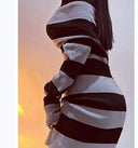 Women Striped Mini Bodycon Dress Off Shoulder Convertible Neckline Party Dresses