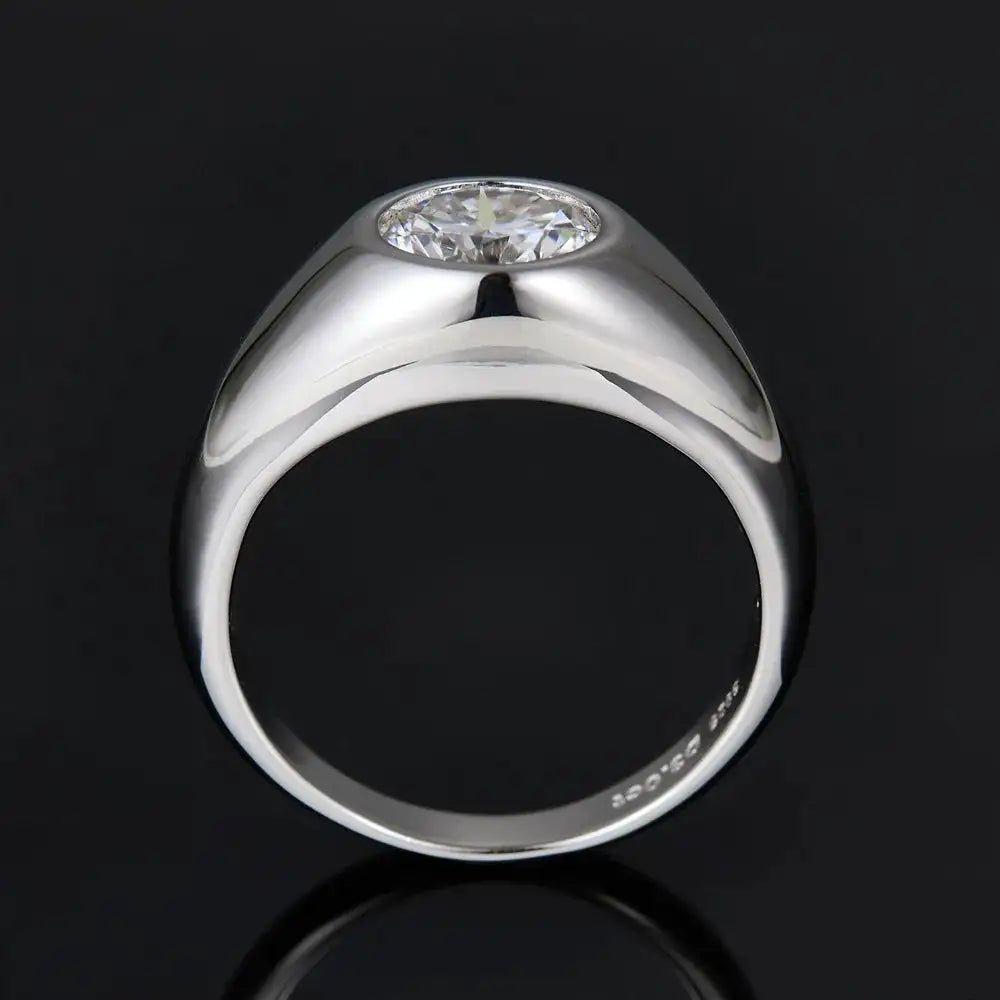 Luxury 3ct Round Moissanite Ring for Men, D Color VVS1 GRA Certified Moissanite Signet Band, S925 Sterling Silver Wedding Gift