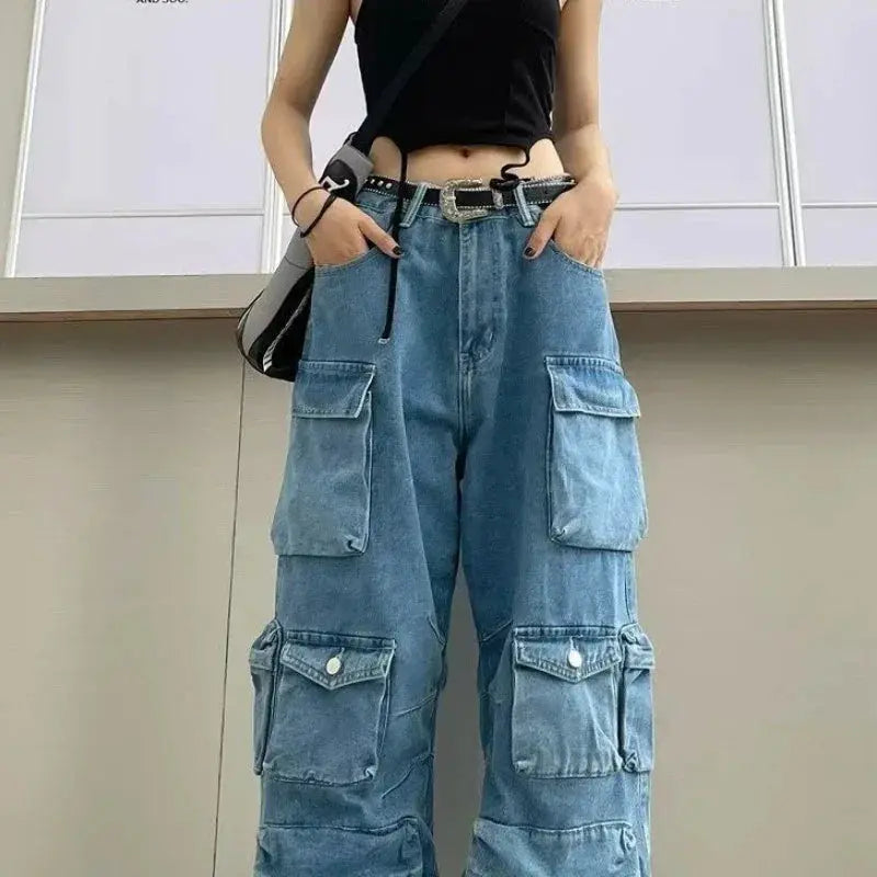 Street Trendy Womens Black Grey Multi Pocket Denim Pants
