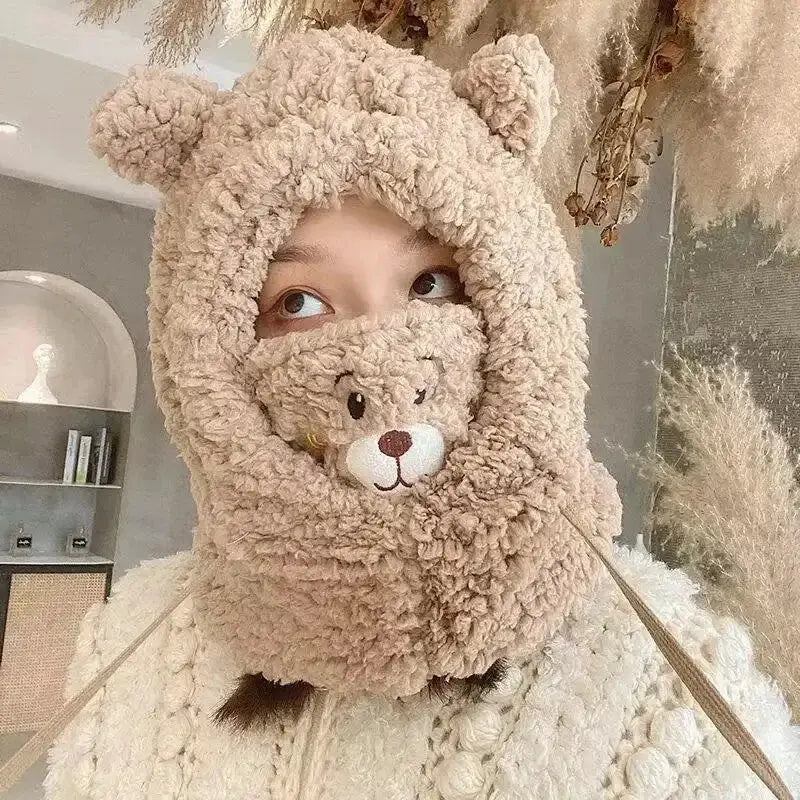 Women Hat Cute Bear Mask One Piece Knitted Winter Scarf