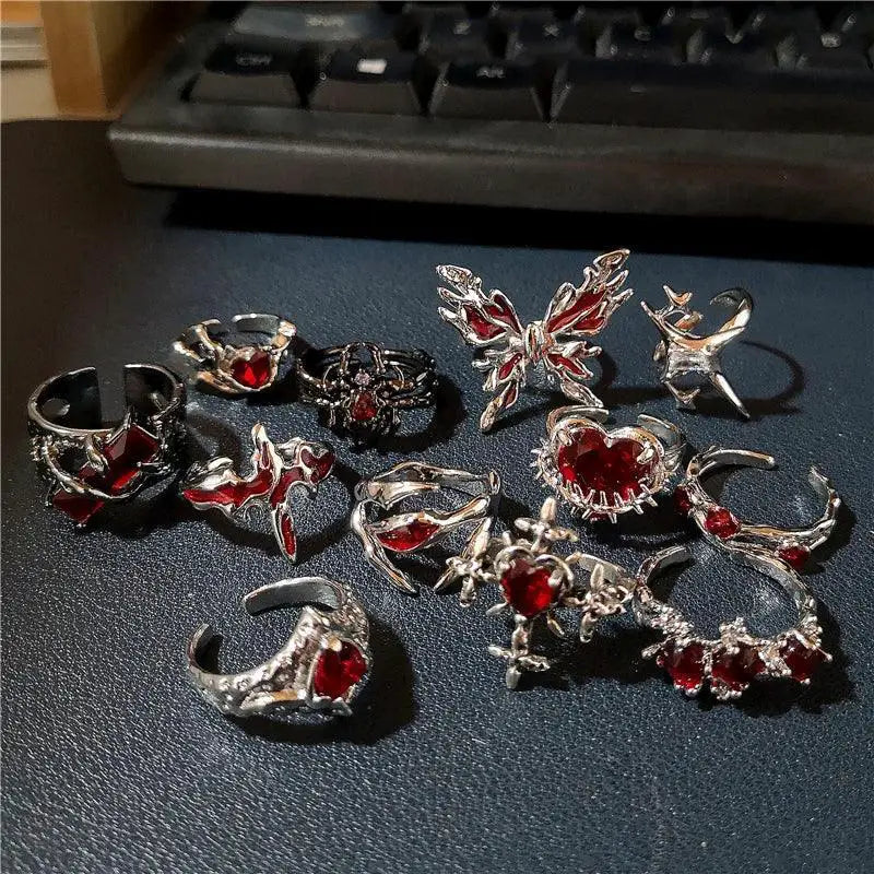 Red Crystal Heart Ring With Spider Motif Gothic Jewelry