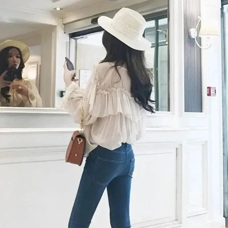 Allure Redefined Sheer Mesh Blouse With Flare Sleeves
