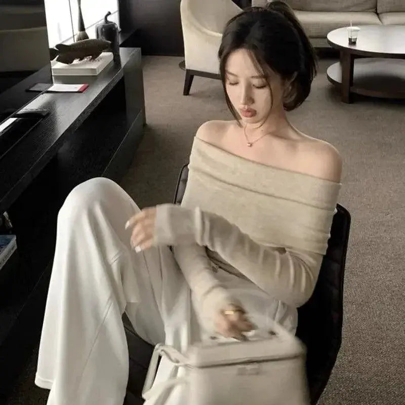 Knit Slash Neck Sweater Defined Waist Elegant Top Collection