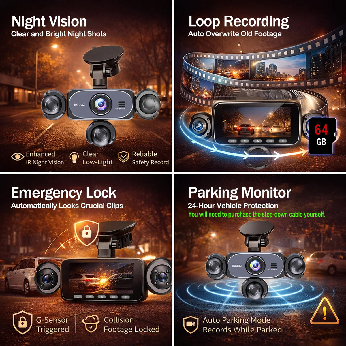 BCUOZ ° Dashcam Front Rear Left Right Car Cameras Super Night — product view 5