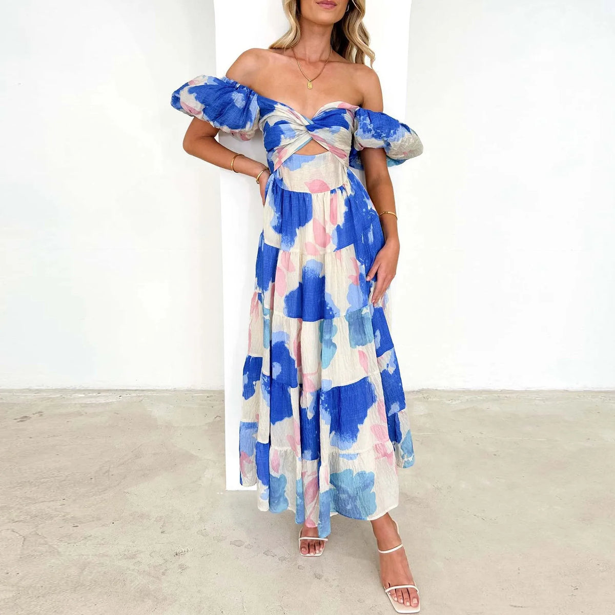 Floral Cutout Puff Sleeve Dress