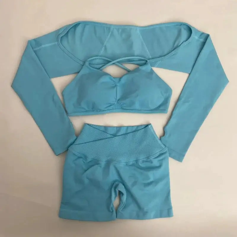 Yoga Vision Shrug 3 Pieces Top Leggings Gym Set Women's Seamless High Elastic Longline Vest Buttock lift Exercise Shorts Set