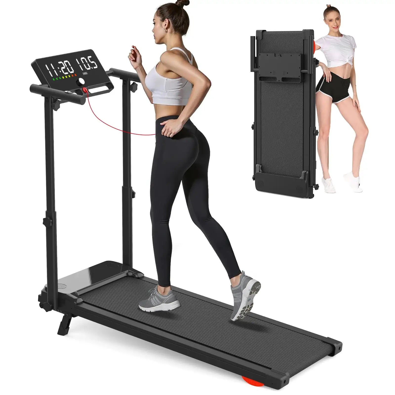 Portable Treadmill with Adjustable Armrest & Atmosphere Lights Big LED Screen Foldable Walking Pad for Office Home Fitness