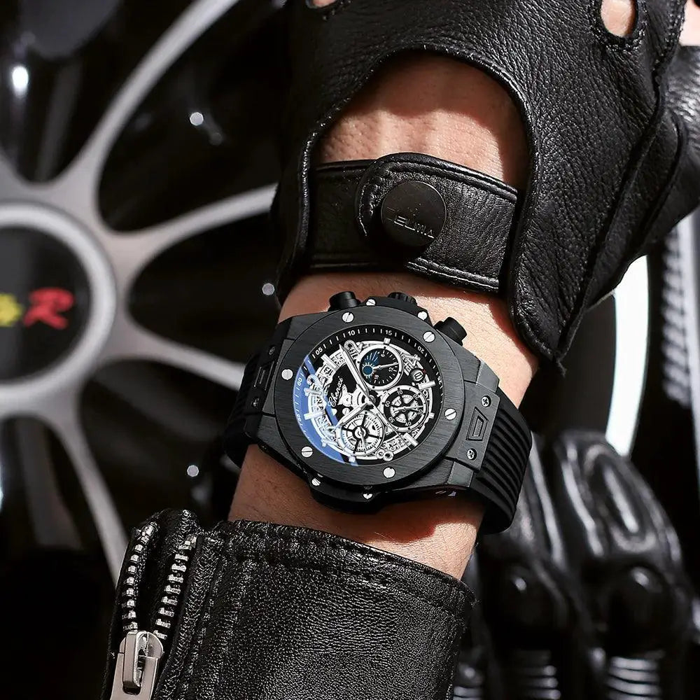 Black Silicone Moon Phase Chronograph Waterproof Watch