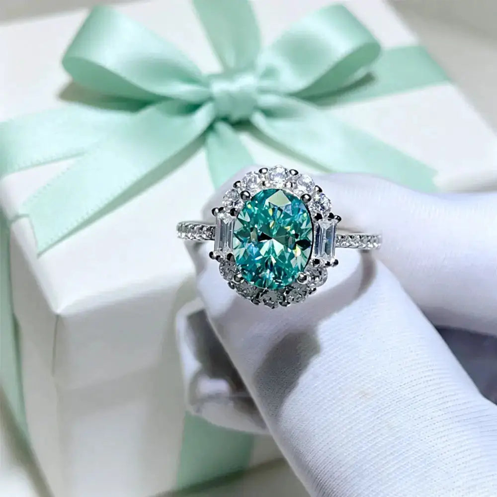 Oval Blue Green Moissanite Sterling Silver Ring — product image 2