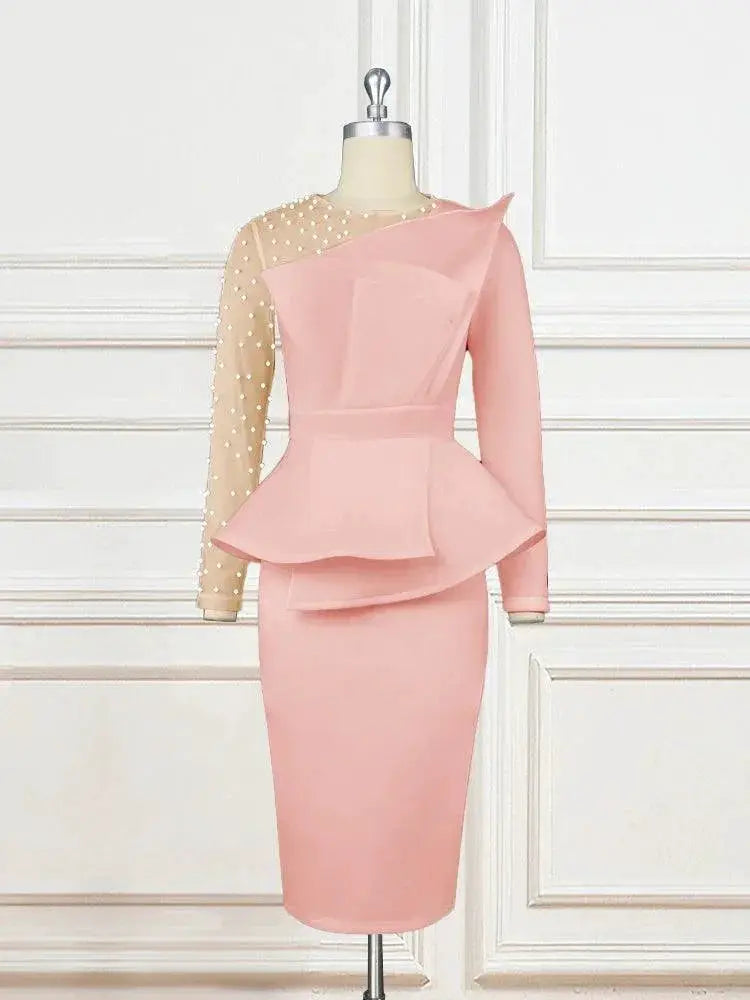 Pink African Style Evening Dress Beaded Mesh Patchwork