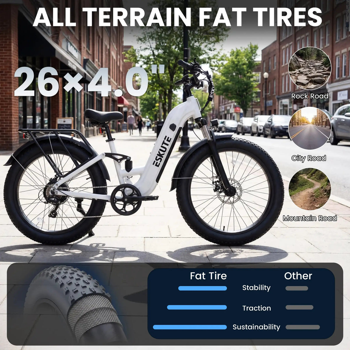 ESKUTE C300R-ST - Full Suspensions - Electric Bike for Adults ，48V20.8Ah Battery Ebike up to 80 Miles, 26x4.0 Fat Tire Step-Through Ebike, 8-Speed, UL2849 E-Bike