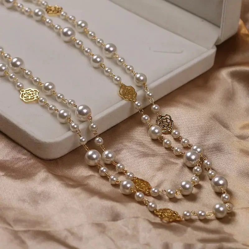 Vintage Lady Camellia Pearls Flower Long Necklace Chain