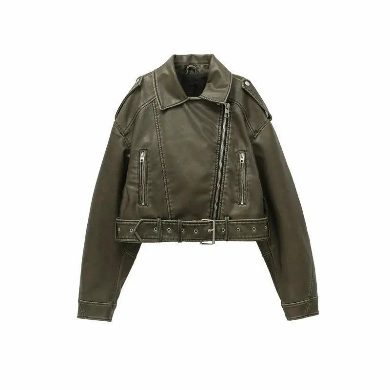 Vintage Faux Leather Moto Jacket for Women Retro Coat