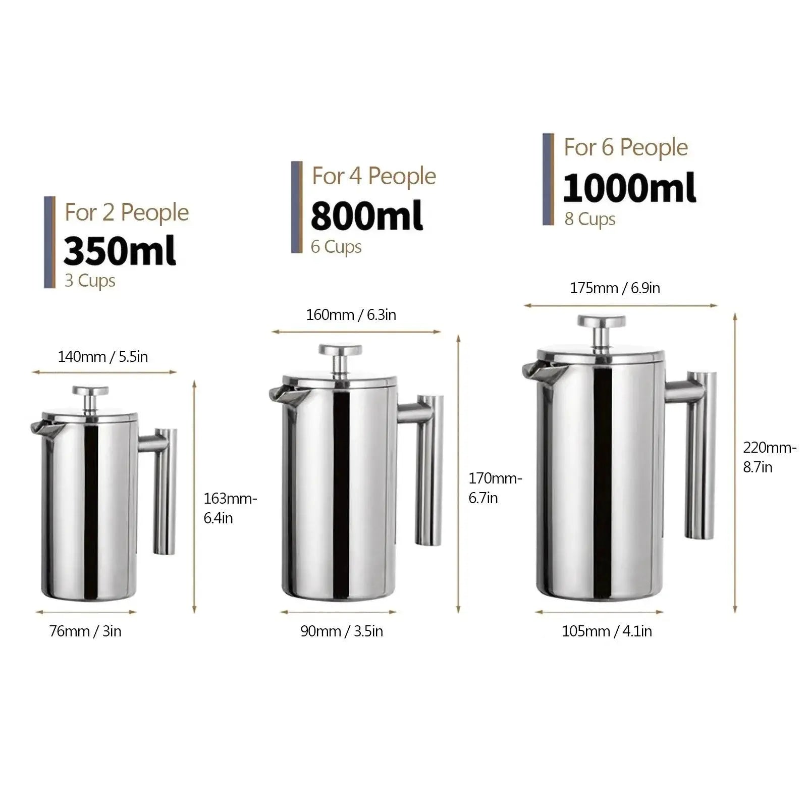 Insulated French Press Coffee Maker Pot 350ml 800ml 1000ml