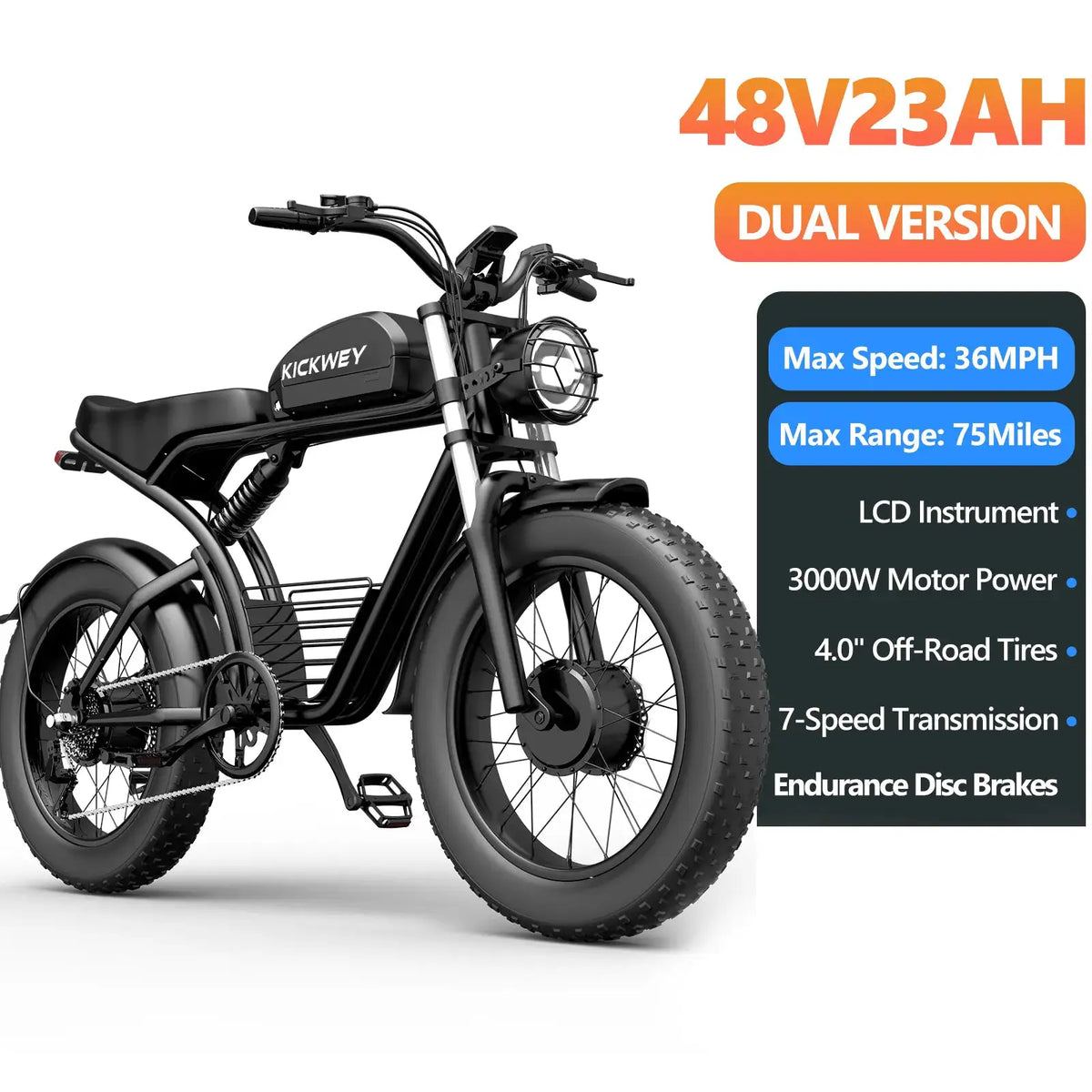 Kickwey 2026 Hot Sale New Arrival K7 3000W Adult Off-Road Mountain Electric Bicycle with NFC Display 48V 46Ah Removable Large Capacity Battery High Speed Long Range 20"×4.0" Fat Tire 1-Year Warranty Ships From US Fast Shippi