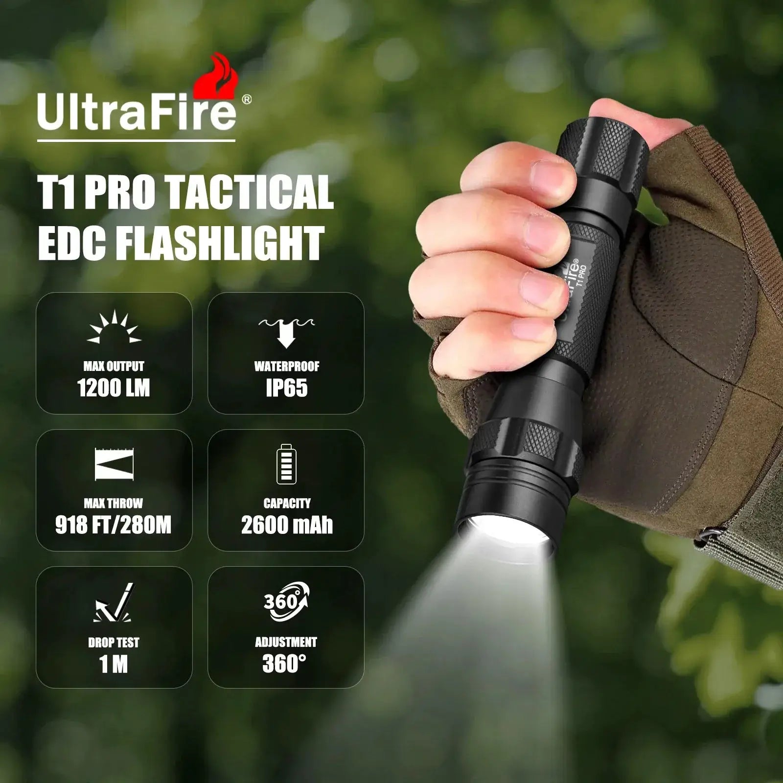 UltraFire T1 Pro LED Tactical Flashlight 1200LM Durable
