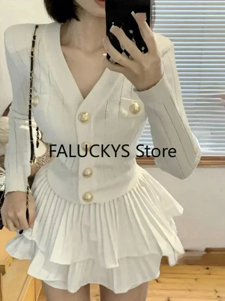 Elegant Two Piece Skirt Set French Knit Top Mini Skirt