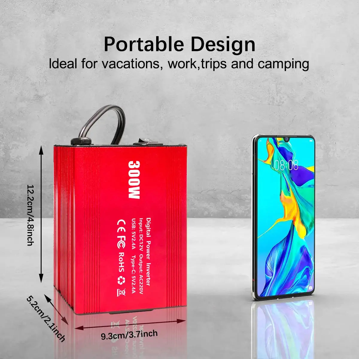 Car Power Inverter 300W Pure Sine Wave EU Socket DC12V to AC 220V 50hz, 5V 2.4A USB Port Fast Charging Voltage Adapter