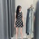 Kimotimo Plaid Dress Women Slim Waist