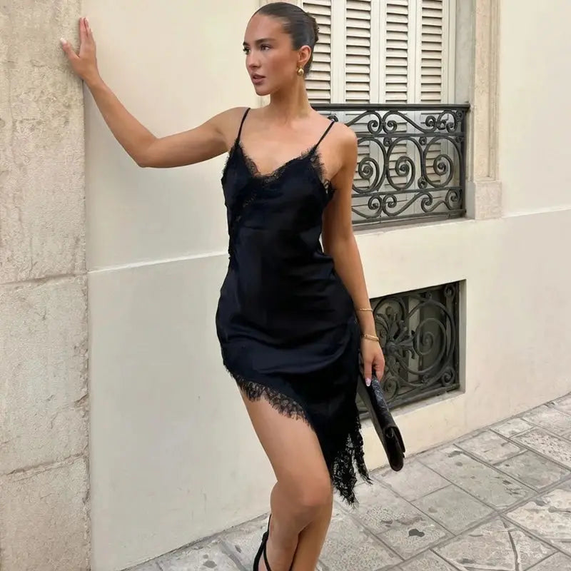 Tornova Lace Mini Spaghetti Strap Dress For Women Backless Slit Sexy Dress Evening Party Bodycon Female Elegant Dress High Waist